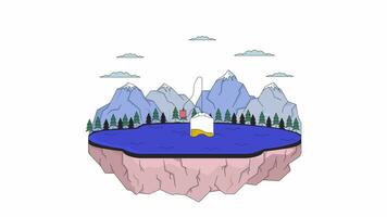 Tea infusing in mountain lake tranquil line 2D animation. Steeping tea bag into summit tarn 4K video motion graphic. Dunking teabag highland lake linear animated cartoon flat concept, white background