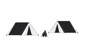 Camping tents with bonfire burning bw outline 2D object animation. Campsite recreation monochrome linear cartoon 4K video. Hiking camp. Campground leisure animated item isolated on white background video