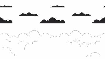 verträumt Wolken ziehen um Himmel bw Gliederung Karikatur Animation. traumhaft Wolkenlandschaft über Wolken 4k Video Bewegung Grafik. Märchen Süss flauschige. Nachmittag Sonnenaufgang Himmel 2d einfarbig linear animiert Szene