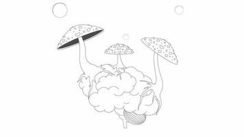 Hallucinogenic parasitic fungi growing on brain bw outline 2D object animation. Fungus amanita affect mind monochrome linear cartoon 4K video. Blow bubbles animated item isolated on white background video