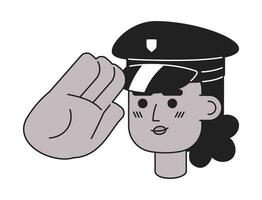 African american lady police officer saluting black and white 2D vector avatar illustration. Black policewoman outline cartoon character face isolated. Civil servant flat user profile image, portrait