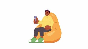 Laughing african american man beanbag chair 2D character animation. Flat cartoon 4K video, transparent alpha channel. Tv show host adult black guy holding mic animated person on white background video