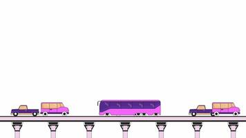 Moving vehicles highway bridge line 2D object animation. Elevated road with riding cars flat color cartoon 4K video, alpha channel. Transport traffic, speedway animated item on white background video