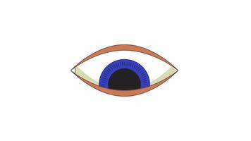 Psychedelic eye looking down line 2D object animation. Spiritual imagination flat color cartoon 4K video, alpha channel. Blink eye watching downward. Magical symbol animated item on white background video