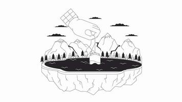 Steeping teabag into mountain lake bw outline 2D animation. Surreal dunking tea bag in water 4K video motion graphic. Tea infusing monochrome linear animated cartoon flat concept, white background