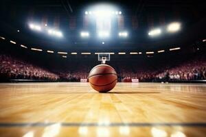 baloncesto pelota en Corte con estadio antecedentes. generativo ai foto