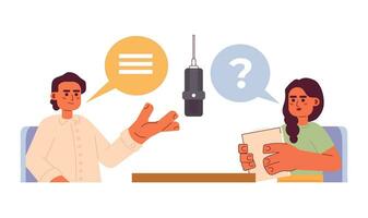 Female podcast host interviewing guest man 2D cartoon characters. Questions asking podcasters indian isolated vector people white background. Radio show on air color flat spot illustration