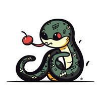 Cute cartoon snake with a cherry in his mouth. Vector illustration.
