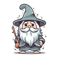 Cartoon wizard with magic wand. Vector illustration isolated on white background.