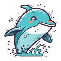 Cute dolphin jumping out of water. Vector illustration isolated on white background.