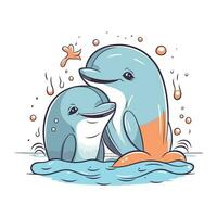 Cute cartoon dolphin with cub on white background. Vector illustration.