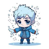 Cute boy in winter clothes with snowflakes. Vector illustration.