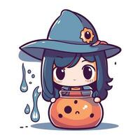 Cute cartoon witch girl in hat with magic potion. Vector illustration.