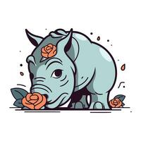 Cute rhinoceros with roses. Cartoon vector illustration.