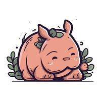 Cute cartoon rhinoceros with leaves. Vector illustration.