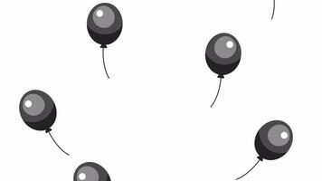 Flying up helium balloons bw 2D objects animation. Childhood birthday congratulations outline cartoon 4K video, alpha channel. September 1st baloons animated elements isolated on white background video
