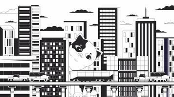 Giant cat watching over city highway bw outline 2D animation. Curious kitten behind building 4K video motion graphic. Gigantic kitty counting vehicles monochrome linear animated cartoon flat concept