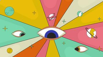 Retro groovy seeing eyes blinking line 2D animation. Psychedelic surreal cosmic planets stars 4K video motion graphic. Eyes watching. Hypnotic trippy rave linear animated cartoon flat concept