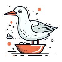 Vector illustration of a cute seagull eating food in a bowl.