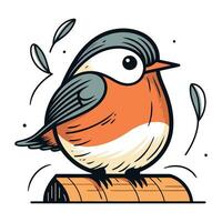Cute little bird sitting on a wooden branch. Vector illustration.
