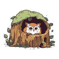 Cute cartoon fox in a hole in the tree. Vector illustration.