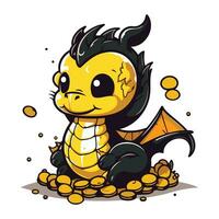 Vector cartoon illustration of cute little yellow dragon on a pile of coffee beans.