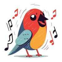 Cute cartoon bird singing on a white background. Vector illustration.