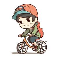 Boy riding a bike with sad expression. Vector illustration in cartoon style.