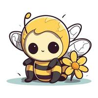 Cute cartoon bee with flower isolated on white. Vector illustration.