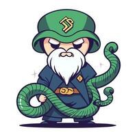 Cartoon Leprechaun with a snake. Vector illustration.