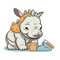 Cute cartoon rhinoceros with paint bucket. Vector illustration.