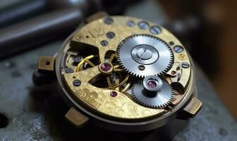 Vintage watch restoration includes delicate repair of watch gears Creating using generative AI tools photo