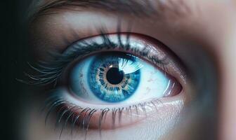 de cerca alta tecnología imagen de humano ojo. tecnología concepto. creando utilizando generativo ai herramientas foto