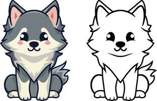 Cute wolf, Huskey or Alaskan Malamute puppy vector illustration, Wolf or dog sitting on the ground vector image, colored and black and white clip art