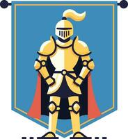 Knight in golden armor with a visored helmet, vector illustration, Knight standing next to a flag, knight armor, flat style stock vector image