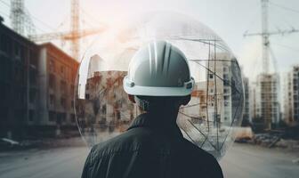 expertos examinando construcción materiales a comercial sitio. creando utilizando generativo ai herramientas foto