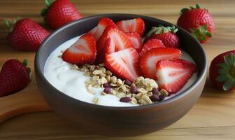 yogurt with strawberries and raspberries photo