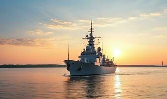 con precisión, el militar crucero navegó en el tranquilo mar creando utilizando generativo ai herramientas foto