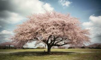 The delicate pink petals of the sakura tree announced the arrival of springtime. Creating using generative AI tools photo