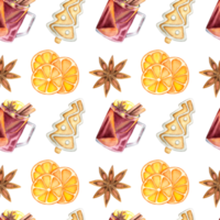 Watercolor winter pattern with a glass of mulled wine, dried oranges, ginger bread and star anise on the transparent background. Seamless mulled wine pattern. png