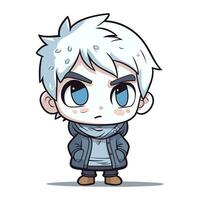 Cute boy with blue eyes wearing winter clothes. Vector illustration.
