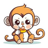 Cute monkey eating an apple. Vector illustration isolated on white background.