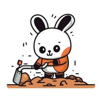 Rabbit digging the ground. Cute cartoon character. Vector illustration.