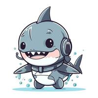 Cute cartoon shark with headphones on white background. Vector illustration.