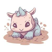 Cute cartoon rhinoceros in mud. Vector illustration.