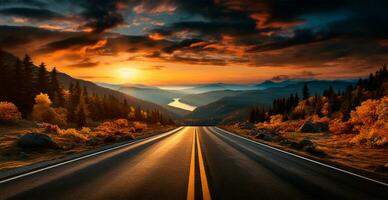 Asphalt road stretching into the distance, mountain sunset - AI generated image photo