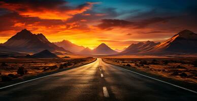 Asphalt road stretching into the distance, mountain sunset - AI generated image photo