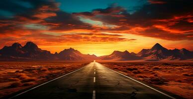 Asphalt road stretching into the distance, mountain sunset - AI generated image photo