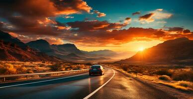 asfalto la carretera extensión dentro el distancia, montaña puesta de sol - ai generado imagen foto