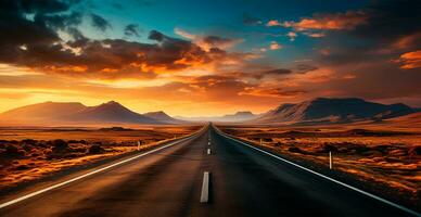 Asphalt road stretching into the distance, mountain sunset - AI generated image photo